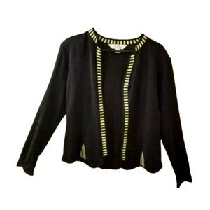 MING WANG Cardigan Sz Medium Black Green Striped Trim Acrylic Knit Jacket